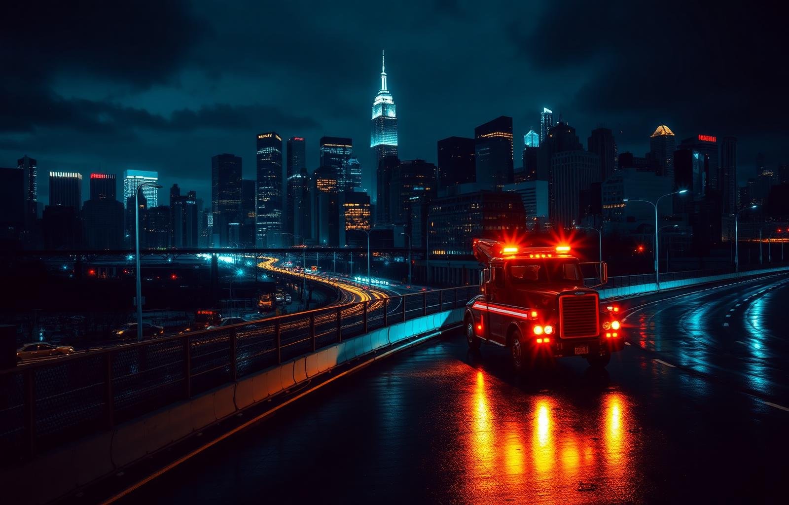 Emergency tow truck responding on a New York City highway at night