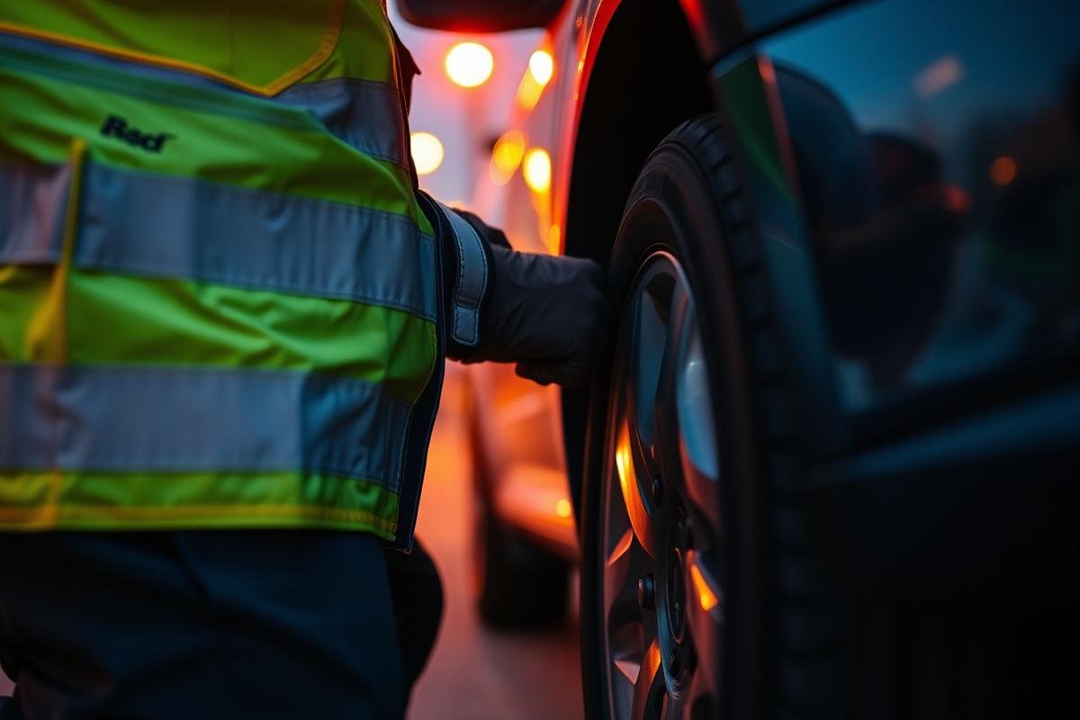 Roadside technician changing a tire